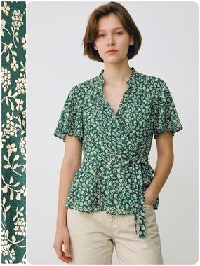 Anthropologie Monteau Crepe Blouse Faux Wrap Peplum Tie Waist Ruffle Neckline